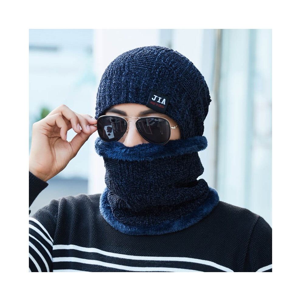 (#2Navy-2Pcs(Hat+Scarf))Bonnet de ski chaud hiver homme femme laine tricot chapeau de neige crâne écharpe cagoule