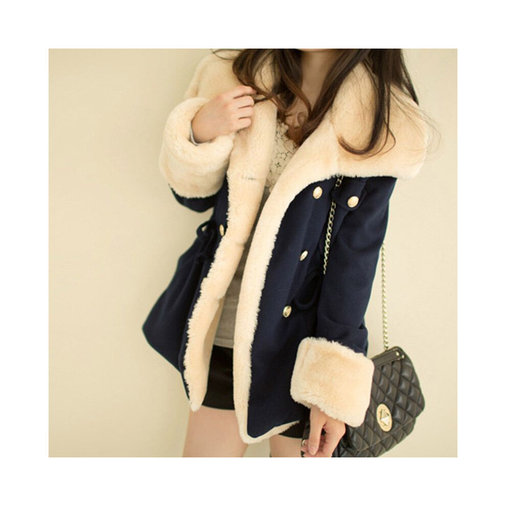(Navy,Tag XL=US M)Manteau femme chaud couleur unie manches longues hiver laine double boutonnage