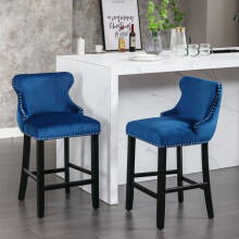 (Blue) Set of 2 Contemporary Velvet Upholstered Wing-Back Barstools