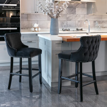 (Black) Set of 2 Contemporary Velvet Upholstered Wing-Back Barstools