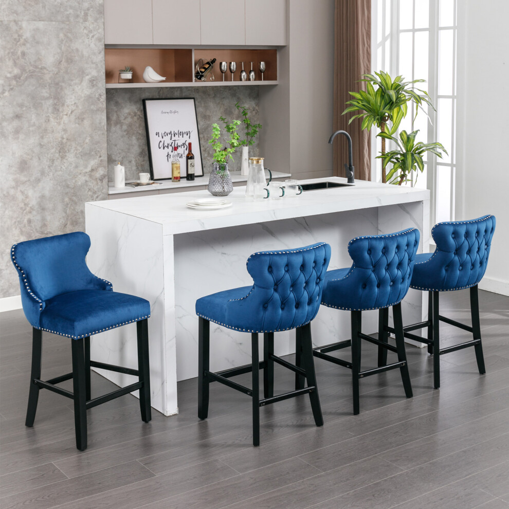 (Blue) Set of 4 Contemporary Velvet Upholstered Wing-Back Barstools