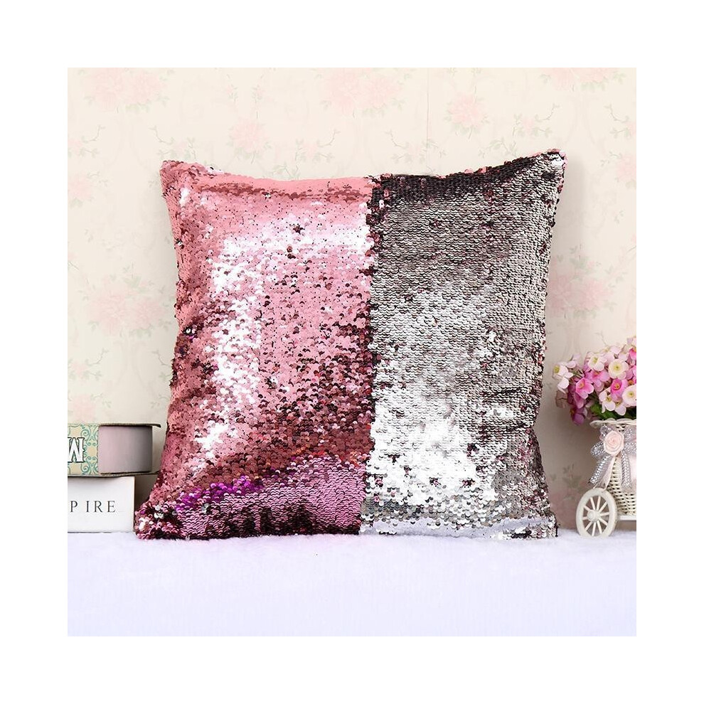 (Pink + Silver)Taie d'oreiller 16" sirène magique paillettes paillettes coussin canapé réversible housse tactile