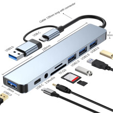 Διανομέας USB C Hub USB Splitter 8 σε 2 USB Extender USBC Type c Dock Station TF/SD Card Reader