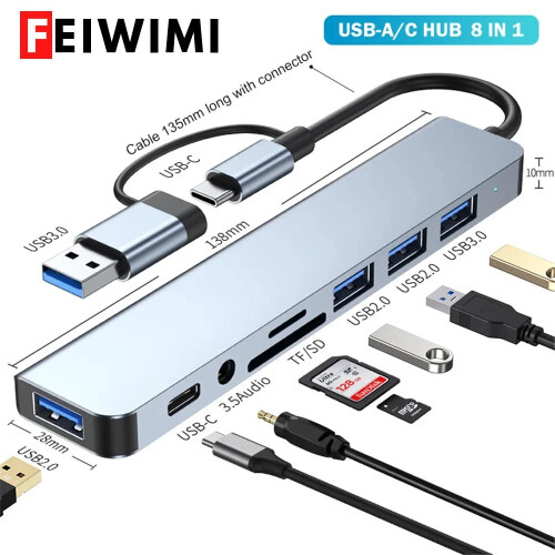 (8 in1 Hub USB A C) 8 in 1 USB C Expander USB 3 Hub Type C Splitter Τύπος C Dock Προσαρμογέας 1