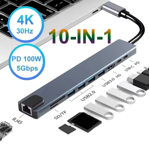(4 σε 1 HDTV) 10 σε 1 USB C HUB 4K30Hz Σταθμός σύνδεσης τύπου C σε συμβατή 1