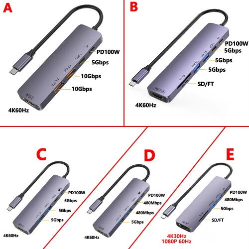 (D) 10Gbps USB C HUB 4K 60Hz Τύπος C σε HDMI συμβατό με PD 100W USB Splitter Adapter Συμβατό 2