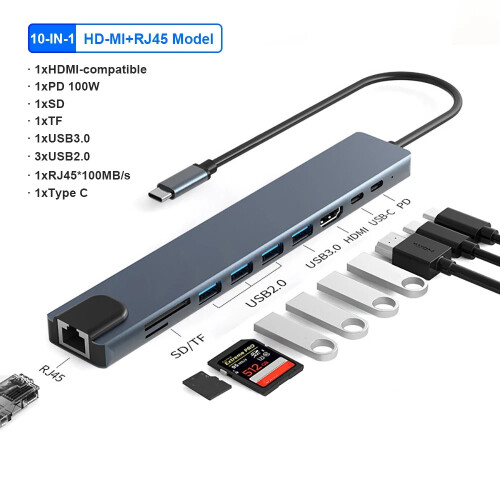 (10-σε-1) 10 σε 1 USB C HUB 4K 30Hz Σταθμός σύνδεσης τύπου C σε συμβατό με