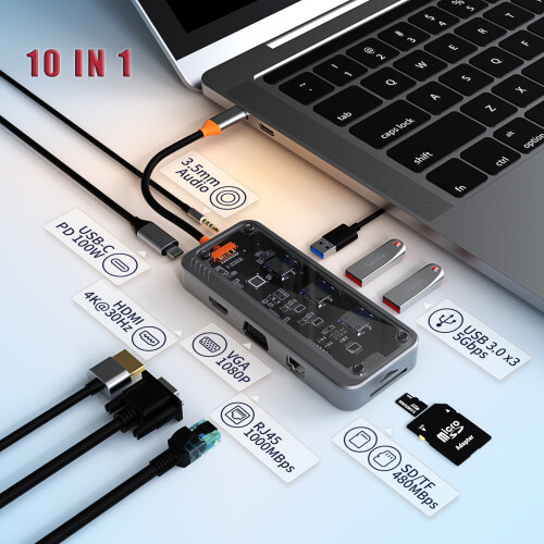 (τύπος c 5 σε 1 C) USB C HUB 4K 30Hz Τύπος C σε HD-MI DP VGA Gigabit Ethernet USB 3.0 PD 100W 1