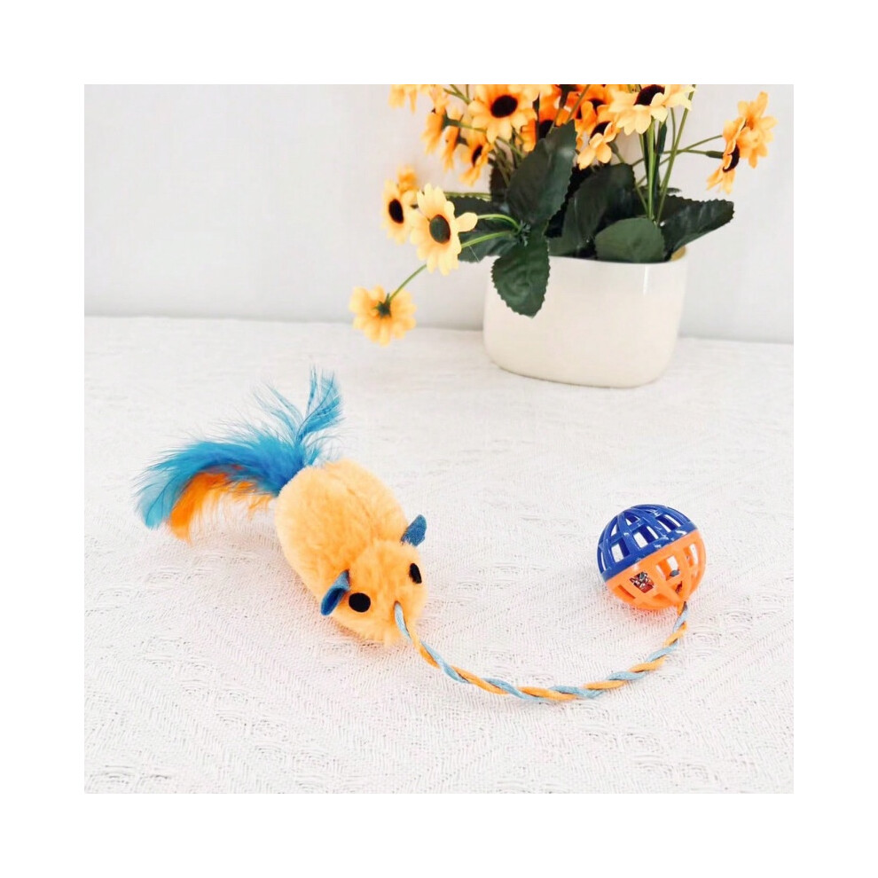 (Orange)Jouet boule cloche souris plume orange et bleue pour chats interactif et peluche amusant