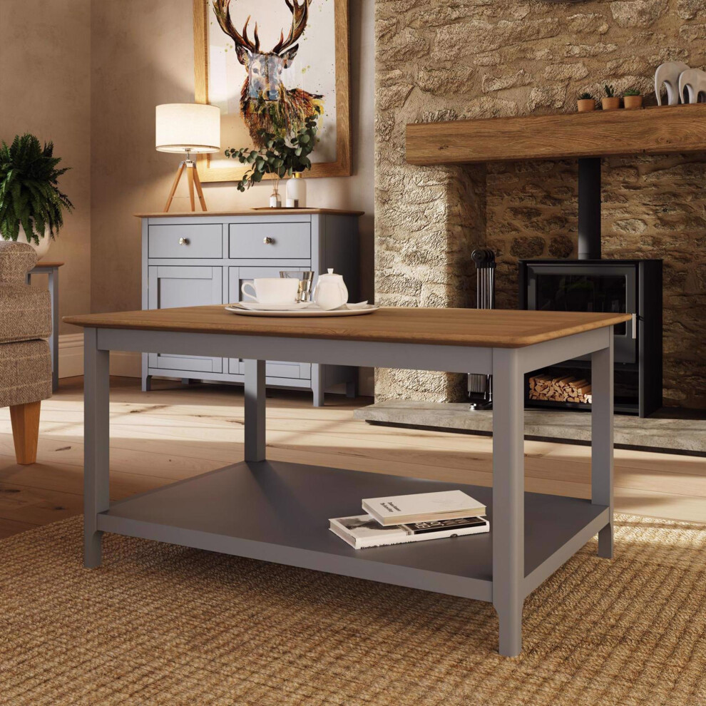 FWStyle Grey Coffee Table Living Room Furniture Top with Shelf Oak Veneer