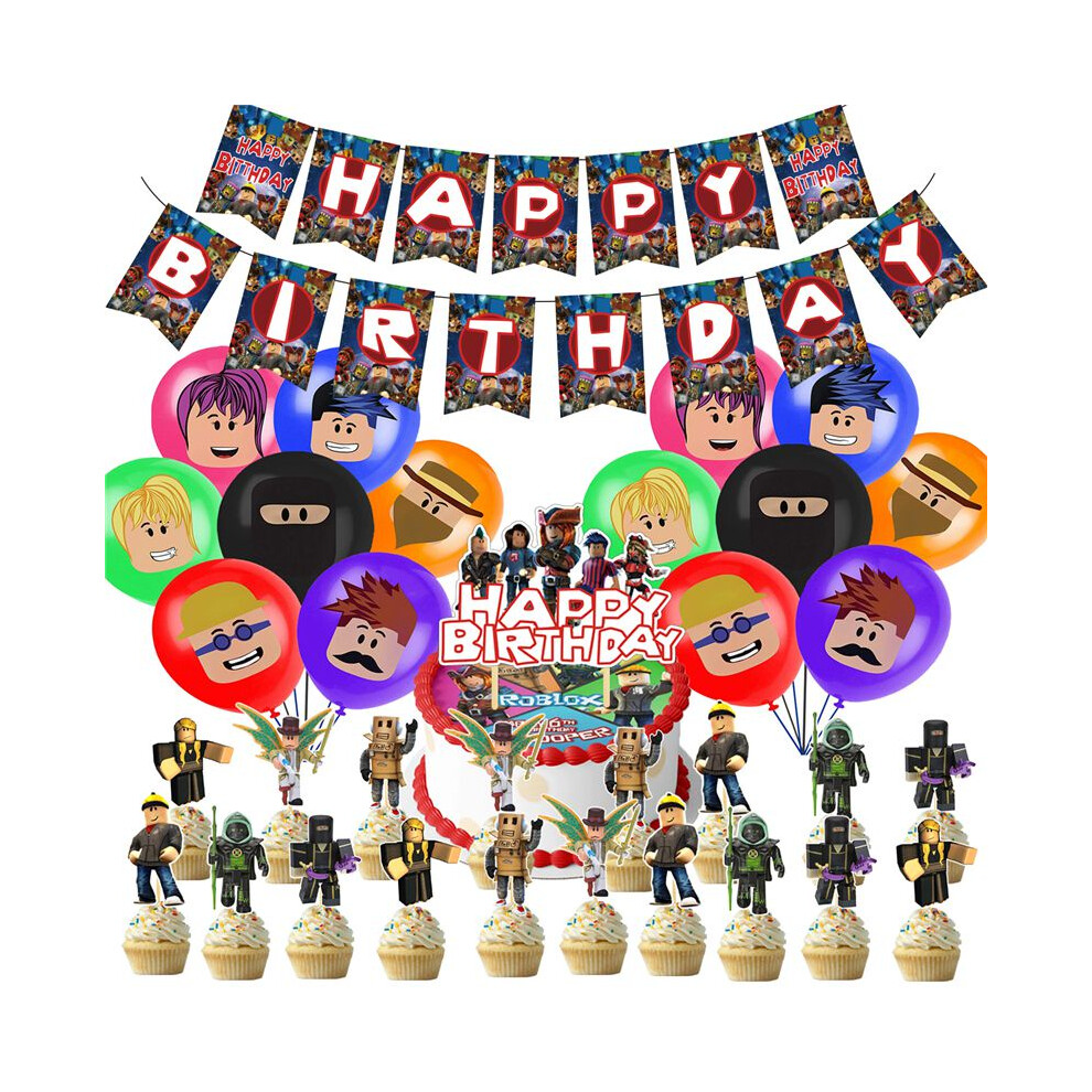 (41pcs-Suit) Kids Roblox Boys Birthday Party Supplies Decor Suit Banner Balloon Topper Cake