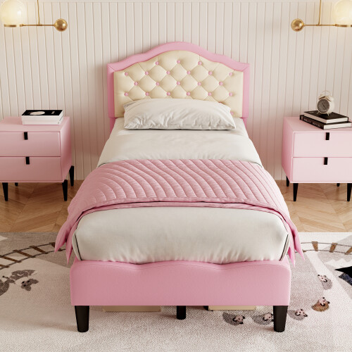 3ft Single Upholstered Bed Frame Pink+Beige (No Mattress) 1