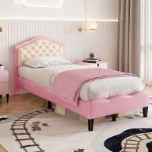 3ft Single Upholstered Bed Frame Pink+Beige (No Mattress)