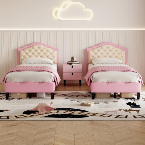 3ft Single Upholstered Bed Frame Pink+Beige (No Mattress) 2