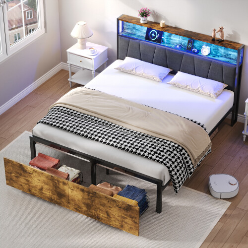 (No Mattress) 4ft6 Double Bed Frame with 2 Storage Drawers Black+Walnut 1