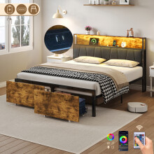 (No Mattress) 4ft6 Double Bed Frame with 2 Storage Drawers Black+Walnut