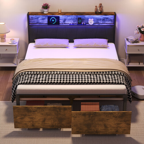 (No Mattress) 4ft6 Double Bed Frame with 2 Storage Drawers Black+Walnut 2