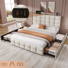 (Double, Beige) 4ft6 Double Upholstered Bed with 4 Storage Drawers