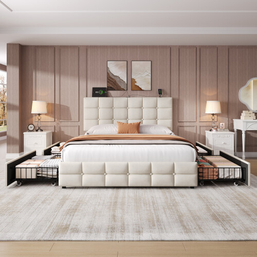 (Double, Beige) 4ft6 Double Upholstered Bed with 4 Storage Drawers 1