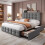 (Double, Grey) 4ft6 Double Upholstered Bed with 4 Storage Drawers 4