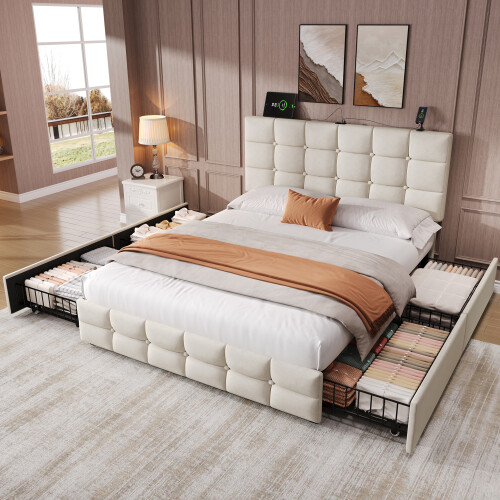 (Double, Beige) 4ft6 Double Upholstered Bed with 4 Storage Drawers 2