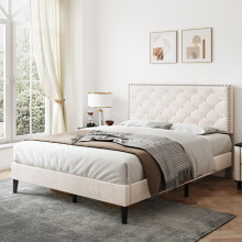 (4ft6 Double, Beige) Double Upholstered Velvet Bed