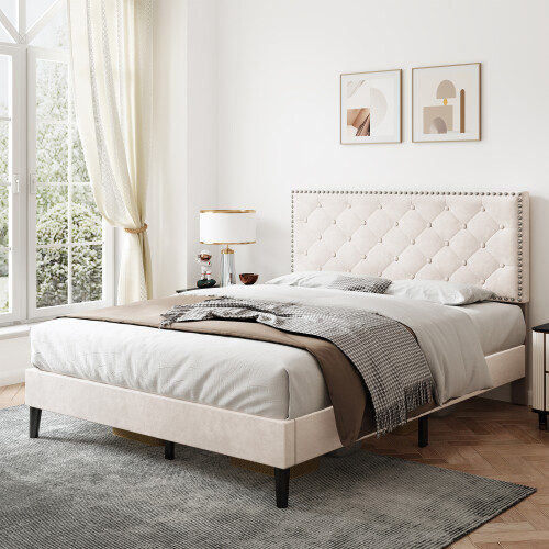 (4ft6 Double, Beige) Double Upholstered Velvet Bed