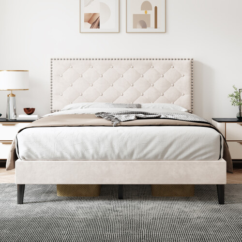 (4ft6 Double, Beige) Double Upholstered Velvet Bed 1