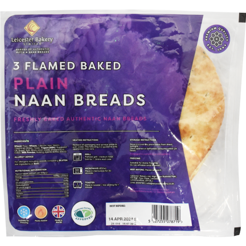 Leicester Bakery 3 Flamed Baked Plain Naan Breads
