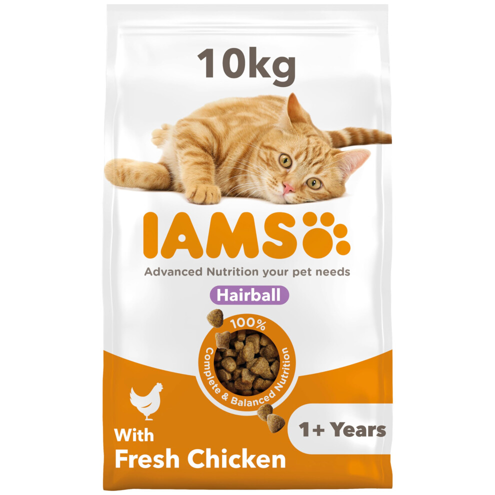IAMS Hairball Complete Dry Cat Food for Adult & Senior Cats with Chicken, 10 kg - 89% Animal Protein, Fibre for Hairball Control