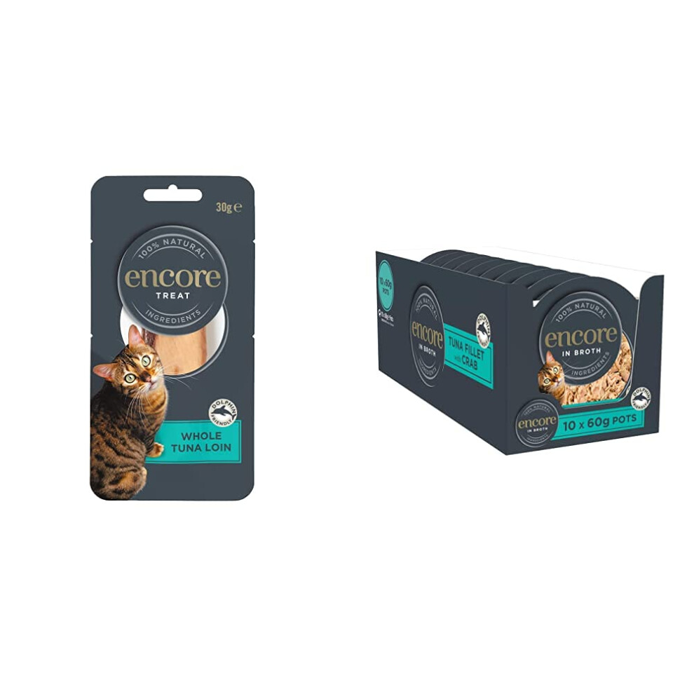Encore 100% Natural Cat Treats, Whole Tuna Loin Cat Snack, 30g (Pack of 12) & 100% Natural Wet Cat Food Pot, Succulent Tuna with Pacific Crab in Broth-image-OPC-PGXT2HF-NEW
