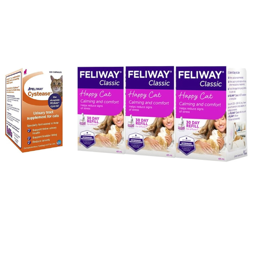 Feliway Cystease, For Stress-Related Bladder Problems In Cats - 300 Capsules & Classic 30 Day Refill X3 Value Pack Classic Comforts Cats, Helps Solve
