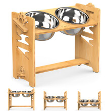 Vantic Large Elevated Dog Bowls, Adjustable Raised Dog Bowls, Bamboo Hund Feeding Station with 2 Stainless Steel Dishes