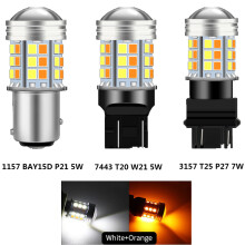 (2 szt. - 3157 T25 P27 7W - biały i pomarańczowy) Dwukolorowa żarówka LED 1157 BAY15D P21/5W T20 7443
