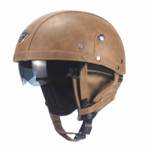 (L-LBrown z logo) Klasyczny kask motocyklowy, retro, półkask marynarza, skórzane gogle
