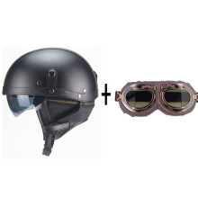 (xL-svart med glasögon)Klassisk motorcykelhjälm motorcykel retro halv sjömanshjälm läderglasögon