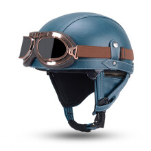 (xL-Blue with Grey Len)Klassisk motorcykelhjälm MC Retro halv sjömanshjälm läderglasögon