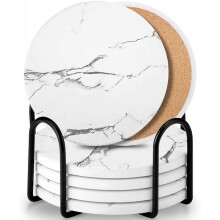 Coaster Sets of 6 Pieces, Absorbent Ceramic Stone Marble Pattern Coasters with Cork Base, White Coasters for Drinks with Metal Holder Stand