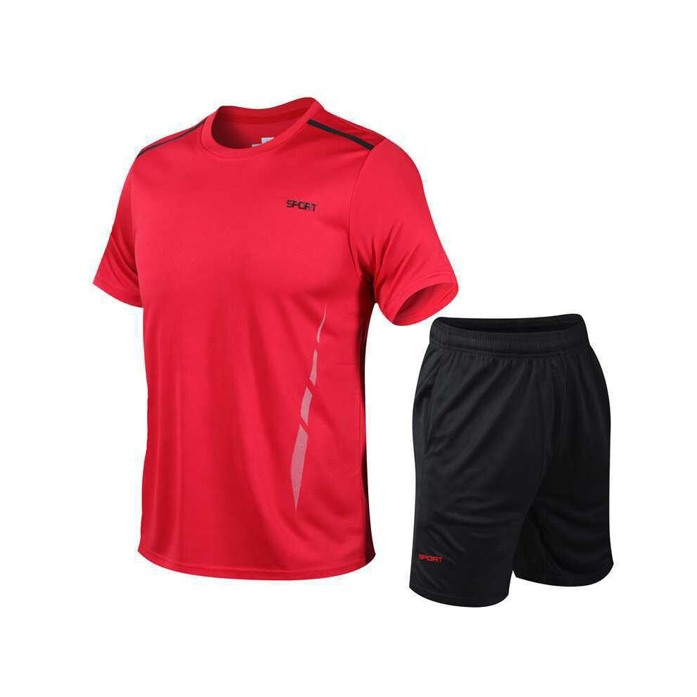 (Red,2XL)Ensemble de sport pour hommes 2 pièces survêtement sport fitness tshirt course short tenue gym
