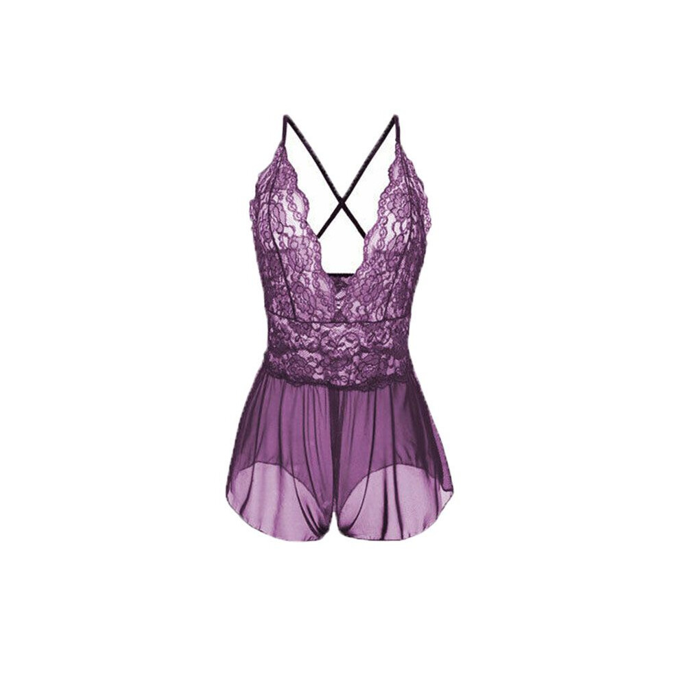 (Purple,XL)Nuisette femme col V lingerie dos croisé entrejambe ouverte grande taille S3xl