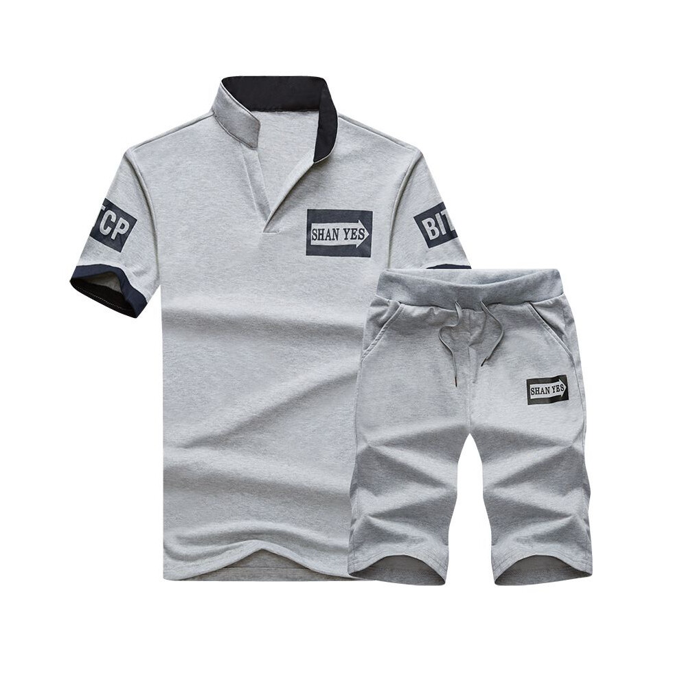 (Gray,M)T-shirt homme col montant col ras du cou short costume survêtement ensembles t-shirt pantalon court