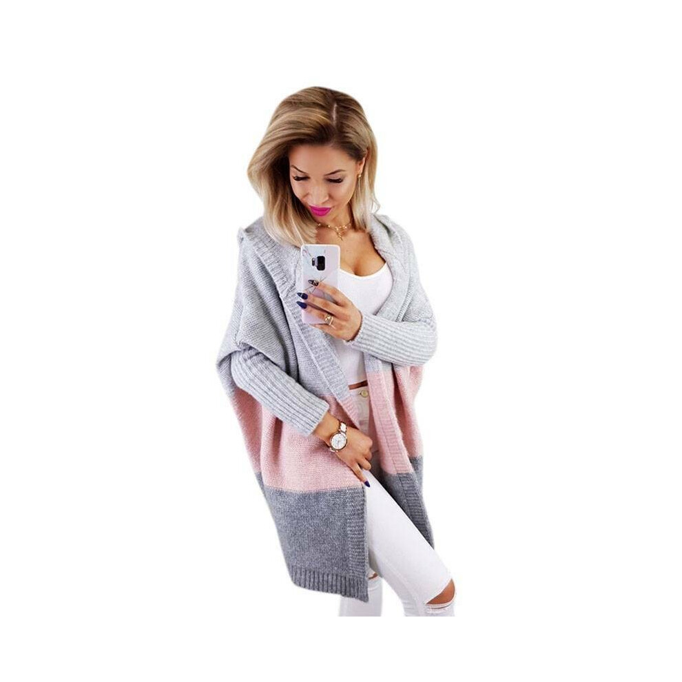 (Gray & Pink,XL)Cardigan long à capuche femme tricoté pull manteau hiver baggy grande taille