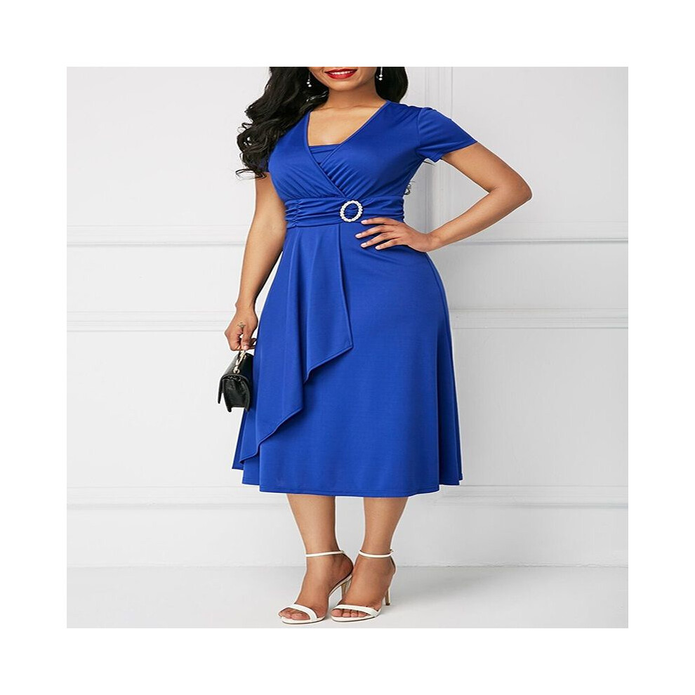 (Blue,XL)Mini robe de soirée grande taille été Vogue sexy ourlet asymétrique col V fête
