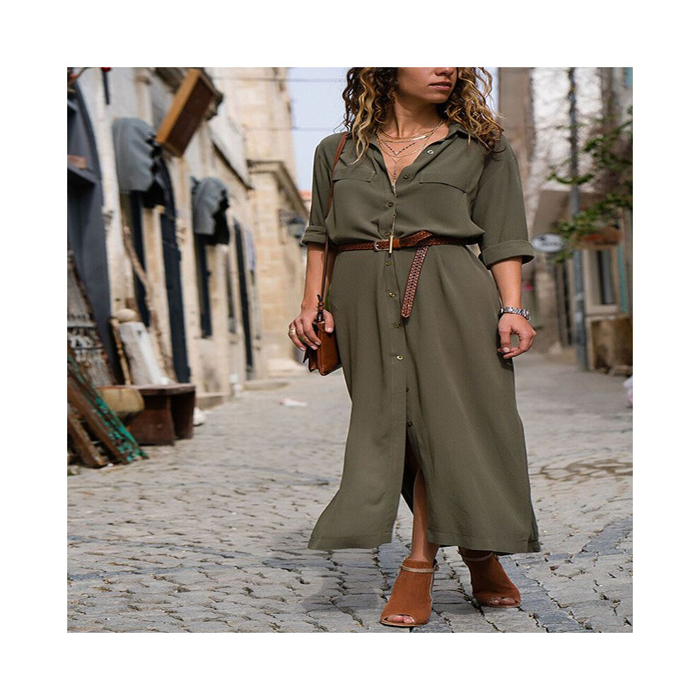 (Army green,XL)Robe chemise ample manches longues boutonnée mode femme oversize maxi robe thé