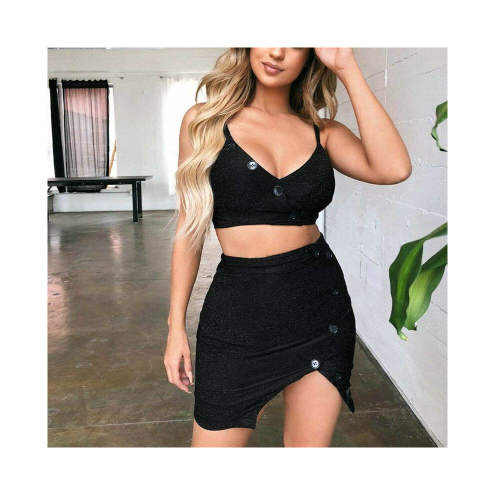 (Black,L)Ensemble crop top et jupe 2 pièces moulant femme bandage robe de soirée