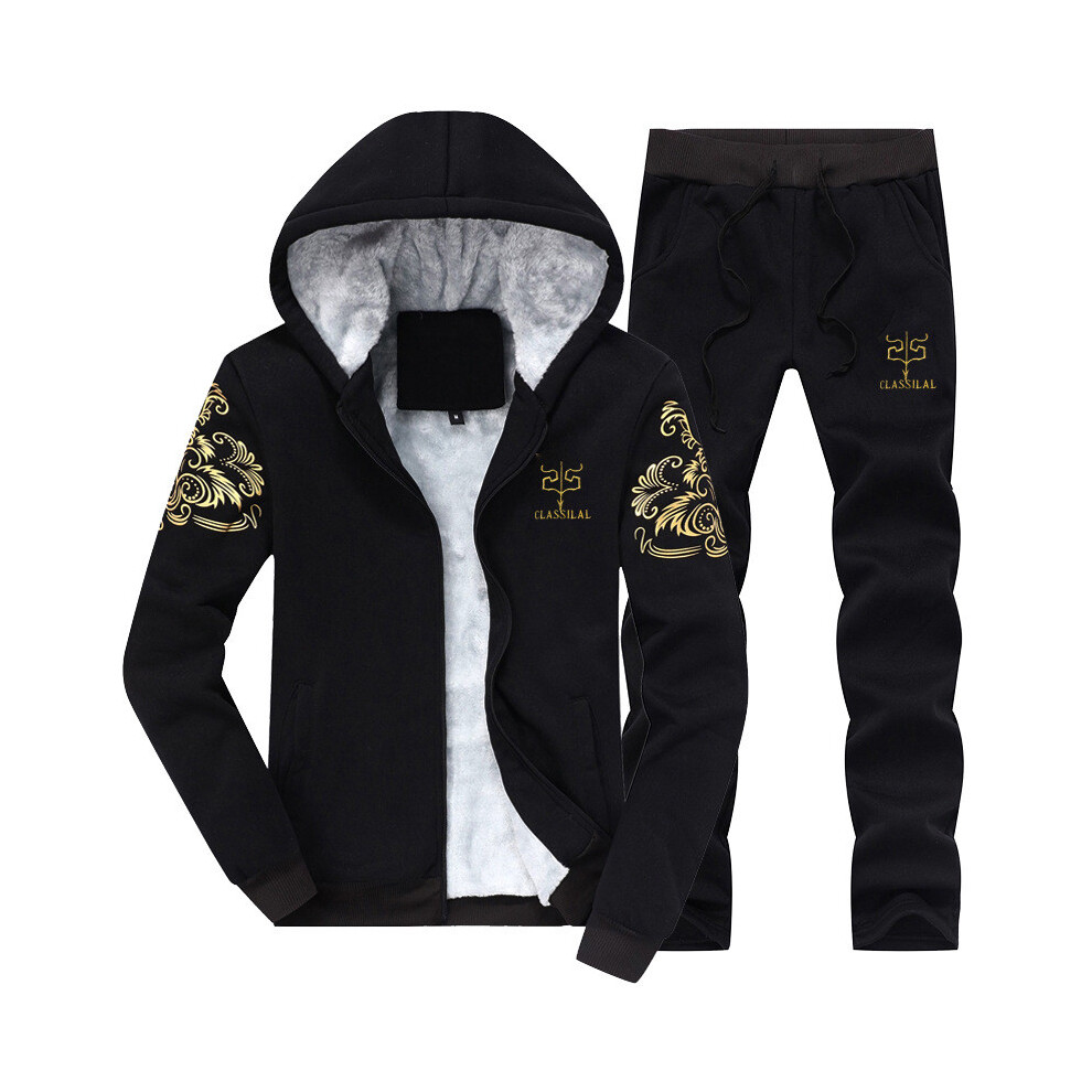 (Black,L)Survêtement polaire homme hiver 2 pièces costume de sport manteau jogging bas veste pantalon haut