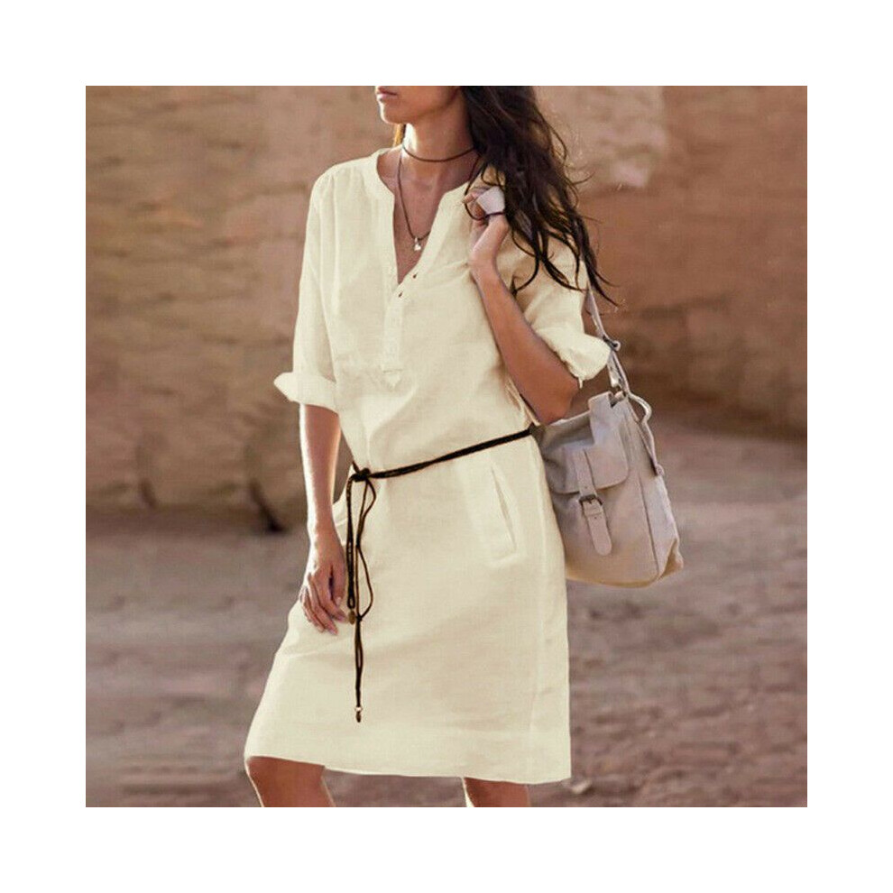 (Beige,M)Robe femme grande taille manches longues décalée caftan baggy festival robe soleil