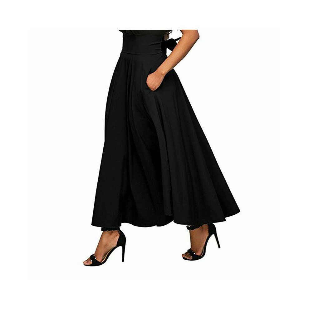 (Black,2XL)Jupe longue femme vintage stretch taille haute patineuse unie évasée plissée