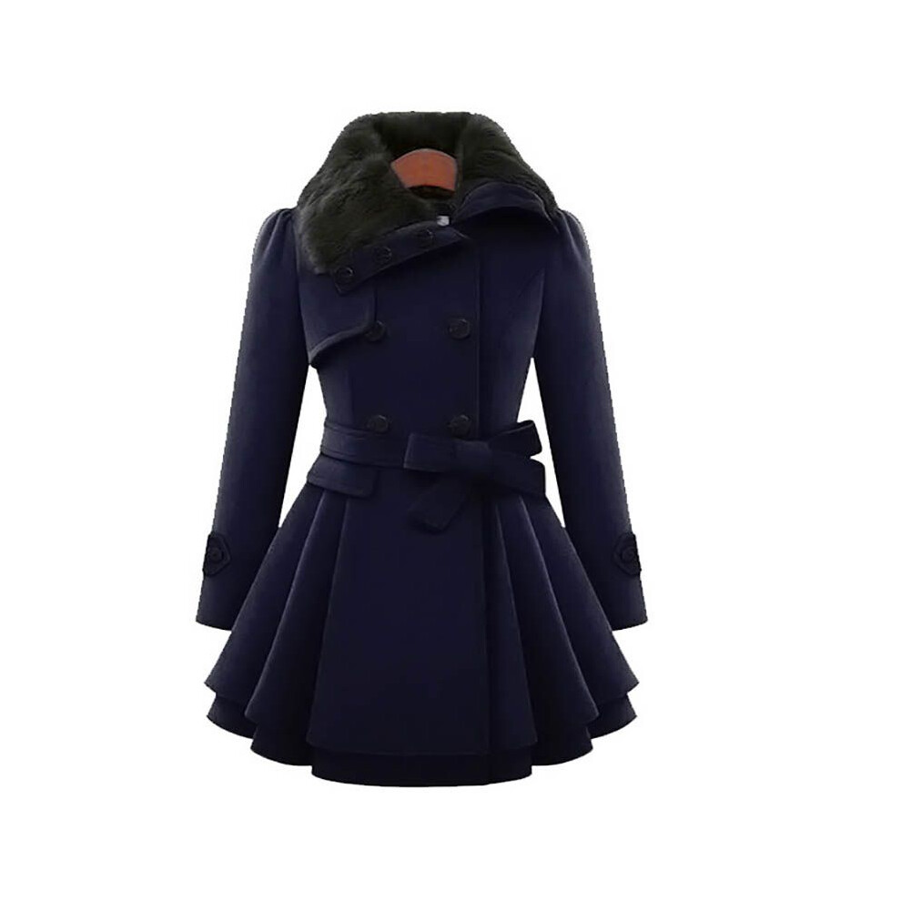 (Navy,Tag 3XL=US XL)Manteau long paon hiver col fourrure femme trench outwear veste robe