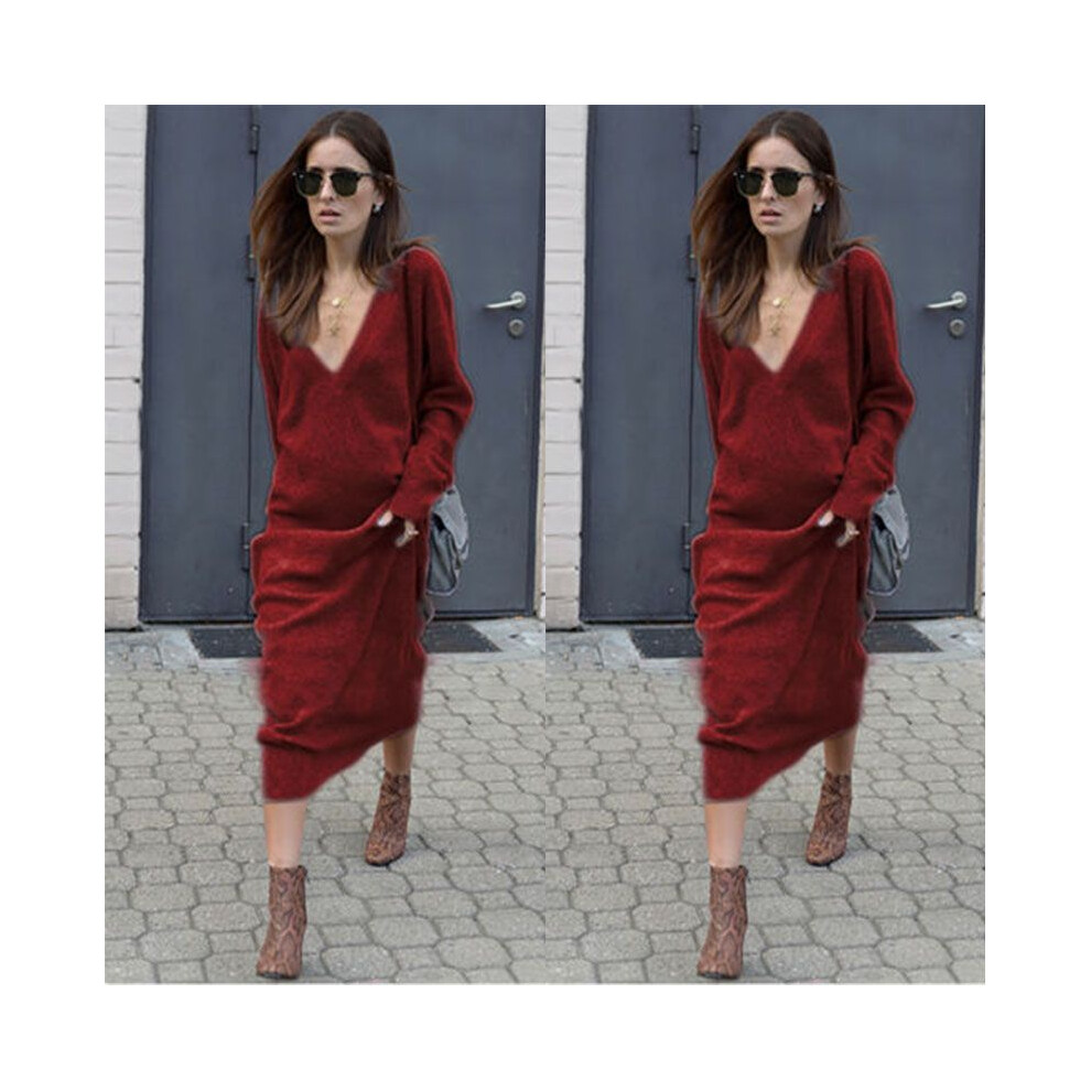 (Red,Tag XL=US M)Pull femme mode col v manches longues hiver neuf jupe longue bas